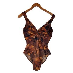 MIRACLESUIT Size 10 Brown One Piece Swimsuit Pandora Floral Slimming